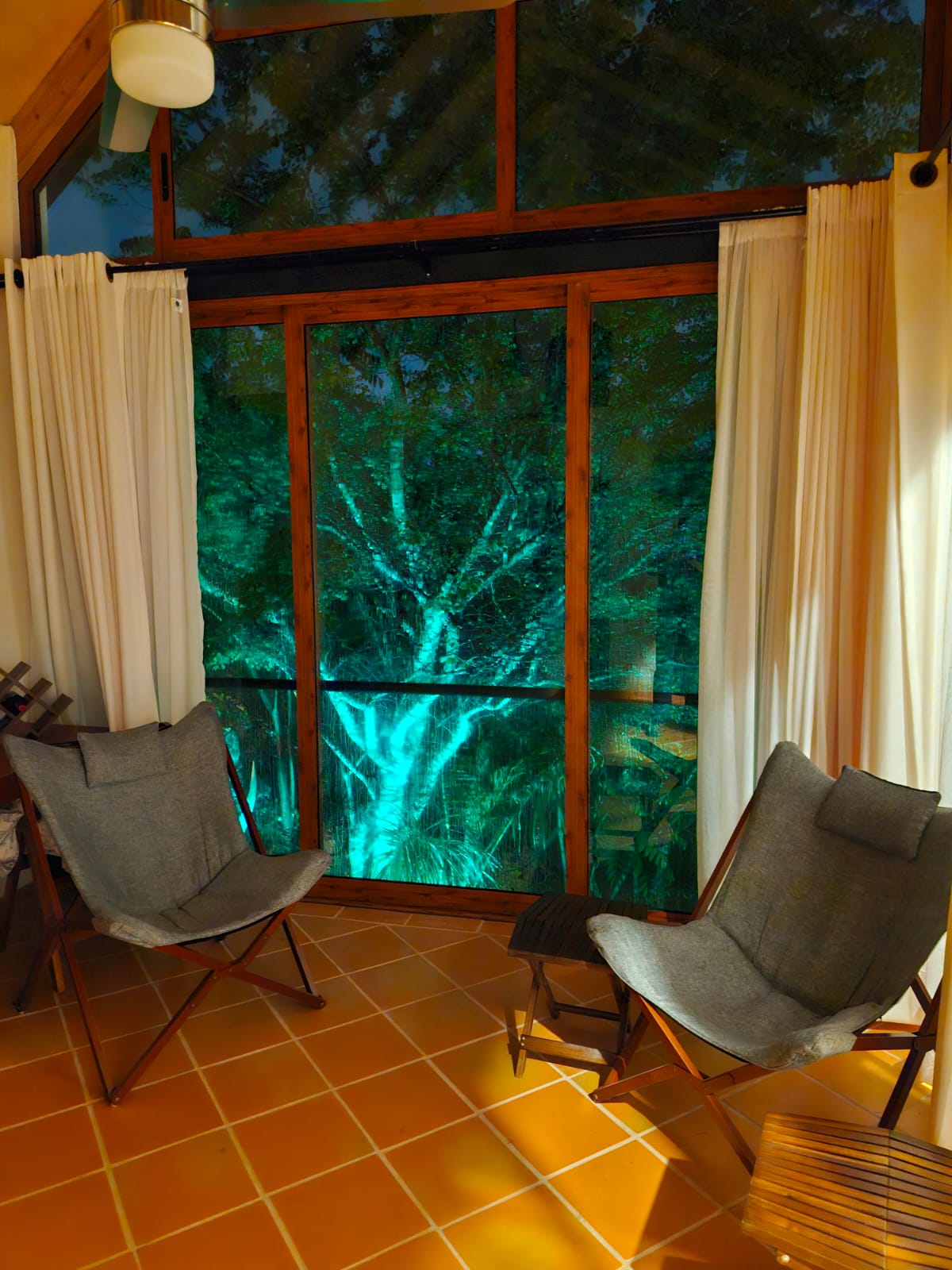 Interior de la Cabaña Las Águilas con sillas frente a gran ventanal y árboles iluminados de noche.